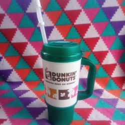 Dunkin Donuts 24 Oz Travel Tumbler Mug Green Leaves Handle Insulated