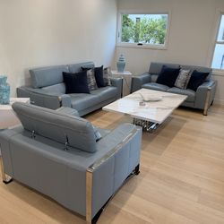 Blue leather couch set