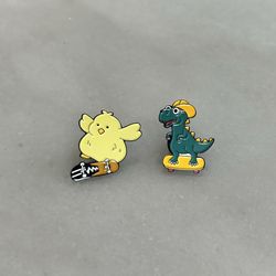 Chick and Dino Skateboard Enamel Pins