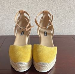Nine West Yellow Suede Espadrille Wedge Sandals