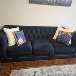 Tufted Royal Blue Sofa With Four (4) FREE Throw Pillows