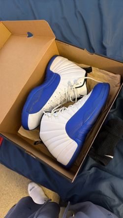 Jordan 12 white black and game royal and Jordan high school Laney jersey xl