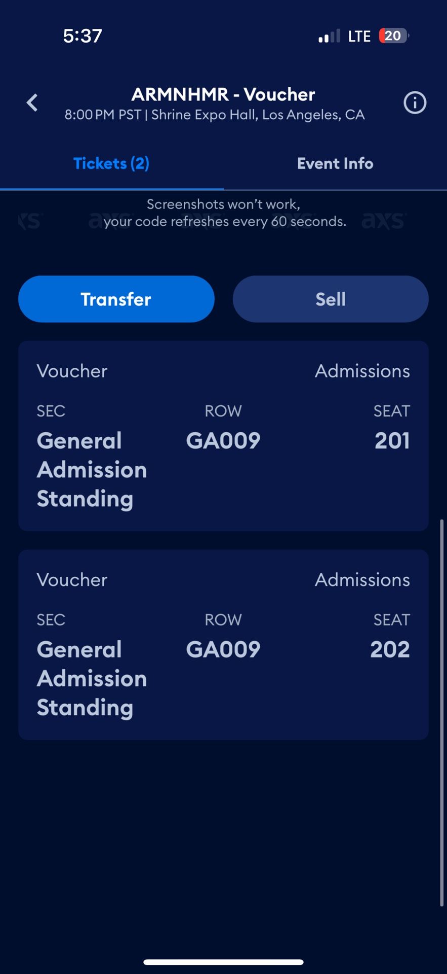Selling 2 ARMNHMR Tickets