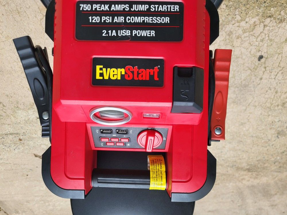 EVERSTART 750 JUMP STARTER WITH 120 PSI AIR COMPRESSOR AND 2.1A USB POWER