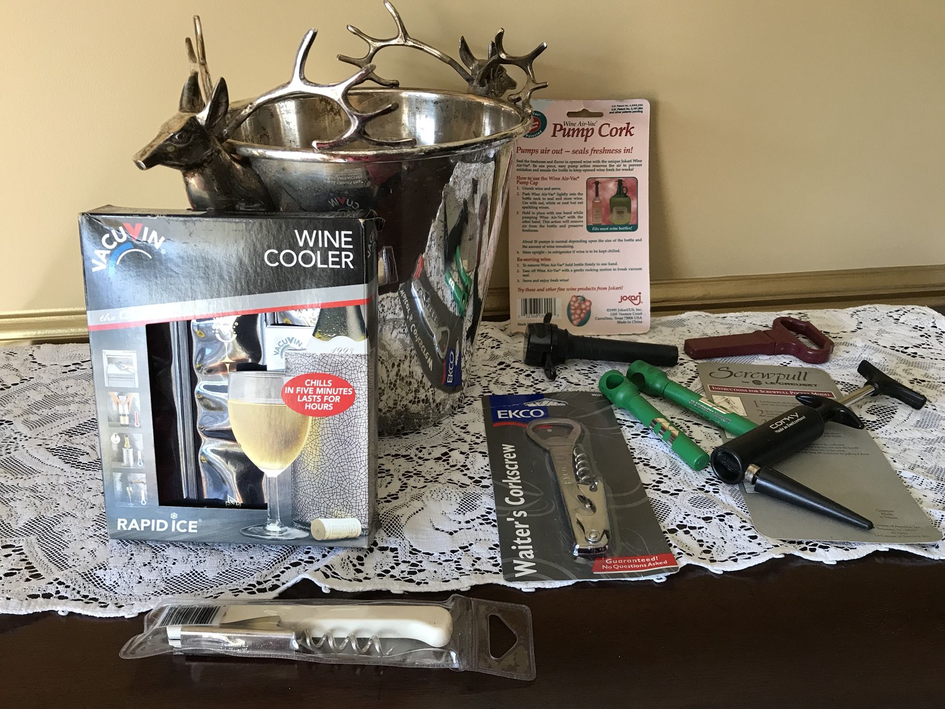 POTTERY BARN Stag / REINDEER CHAMPAGNE / Wine Cooler BUCKET plus many wine openers AN EARLY POTTERY BARN CHAMPAGNE /WINE BUCKET Beverage cooler Sever