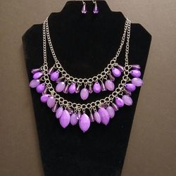 Purple and Silver Beads Necklace with Earrings