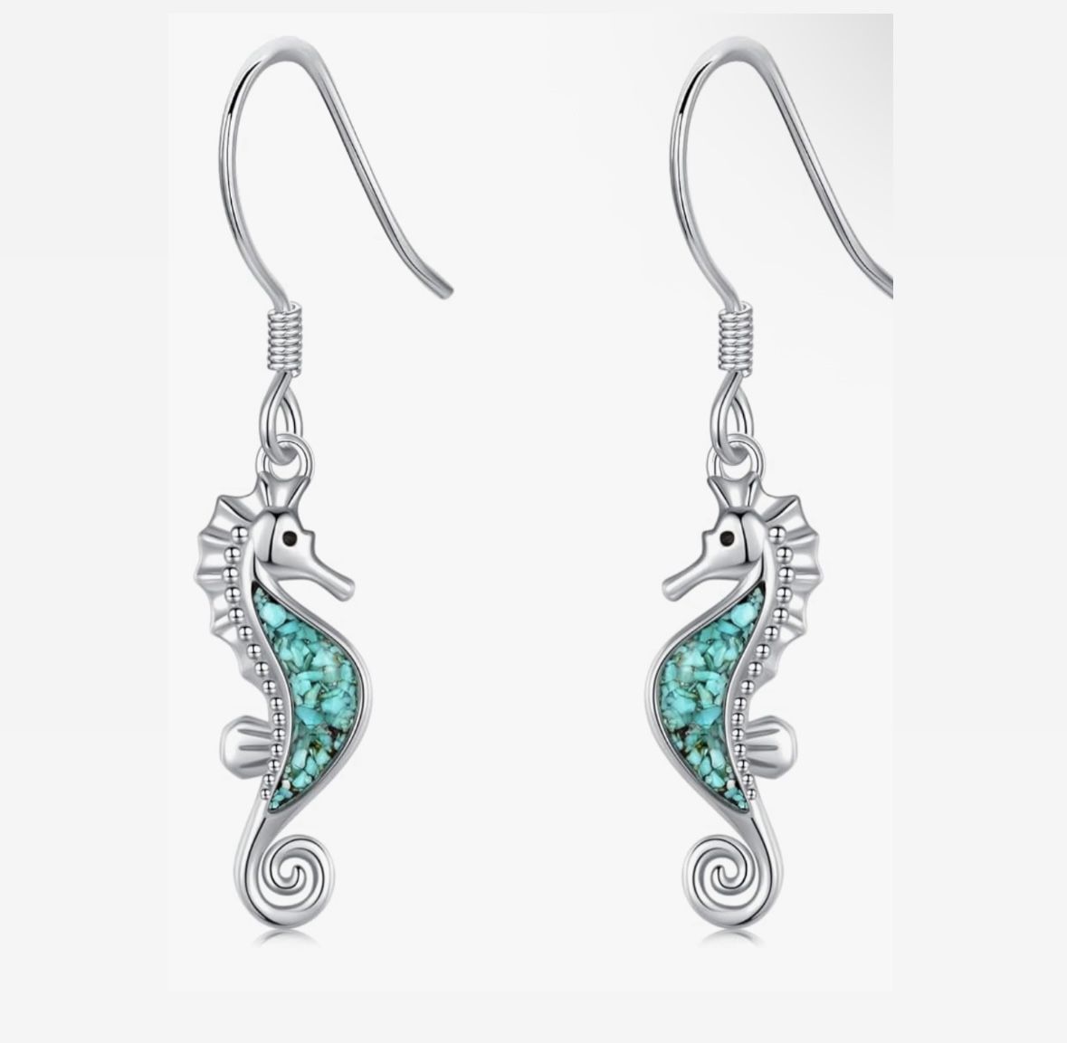 Silver Turquoise Sea Horse Ocean Earrings