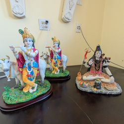 UHindu God Statues Set – Krishna with Cow + Shiva – Hand Painted – Heavy Resin