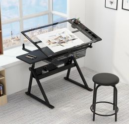 Garvee Drafting Table Adjustable Height Tilting Glass Top Steel Frame 2 Drawers Stool Black Home Office Art Craft
