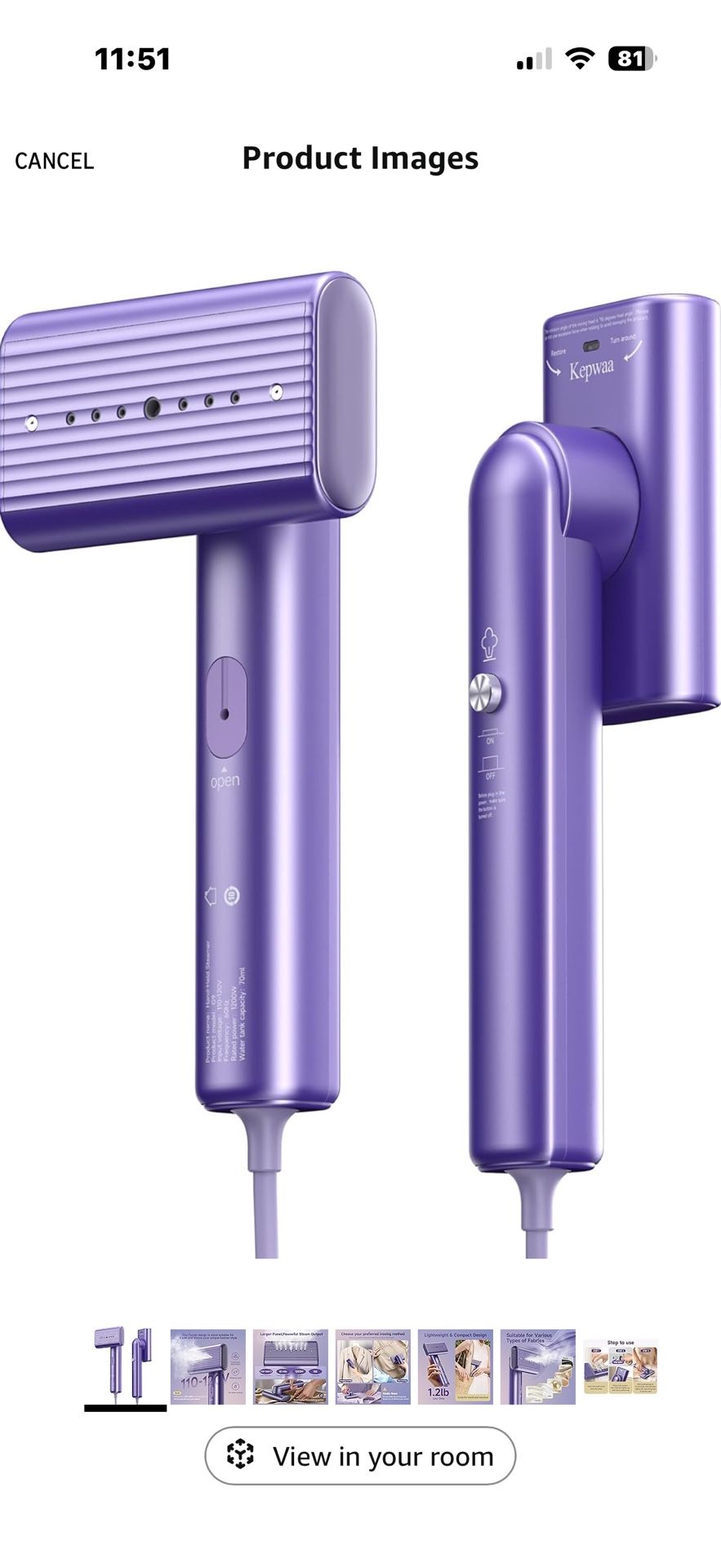 Travel Portable Steamer for clothes - Handheld Steamer for Fabric Clothing Wrinkles, 15s Fast Heat-up Rotary Garment Steamer, 1200W Light Mini Steam I