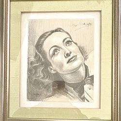 Rare Autographed Joan Crawford Charcoal Sketch 1930s