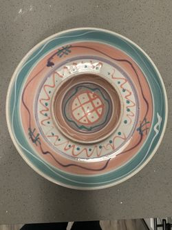Ceramic Chip Serving Dish Pink Teal Purple Design