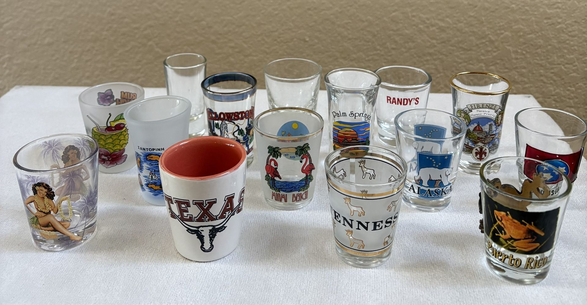 Lots Of SOUVENIR SHOT GLASSES (15) NEVER USED!!! VINTAGE!!! LIKE NEW CONDITION!!!