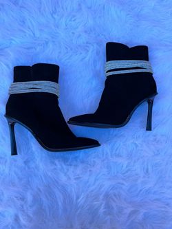 Black Suede Stiletto Ankle Boots with Rhinestone Wrap