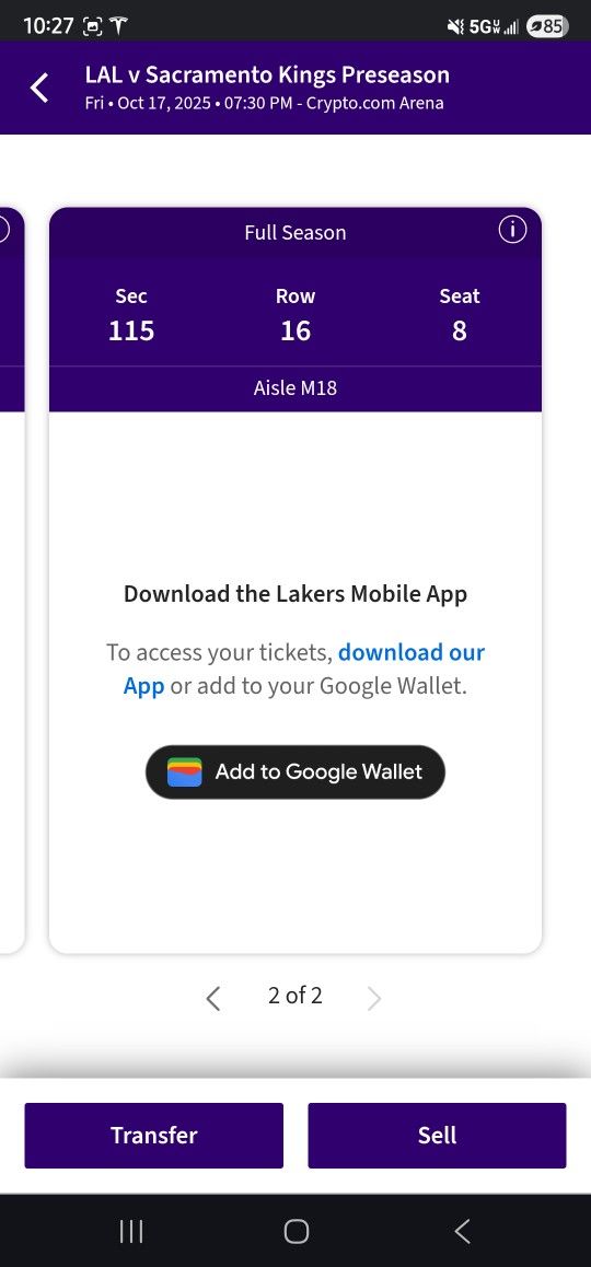 LAKERS VS KINGS - SECT 115- PRESEASON- $120 EA