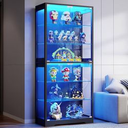 71" Tall Display Cabinet with Glass Door and 3-Color Lights, Black 6-Tier Curio Cabinet for Collectibles, Display Case with Adjustable Gla