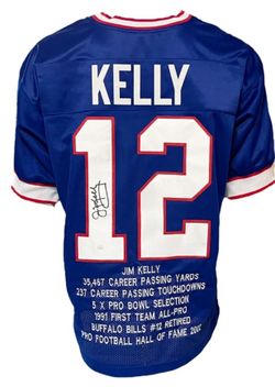 Buffalo Bills Jim Kelly Autographed Pro Style Blue Stat Jersey COA JSA