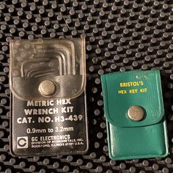 Vintage miniature Hex Key kits.  HS-206 – Bristol Hex L-Key Kit (.028 thru .094) 6 piece set & GC Electronics H3-439 Metric Hex Key Set .9 to 3.2mm. V