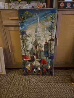 VTG 60s Oil Canva  "PARIS STREET" scene  Signed