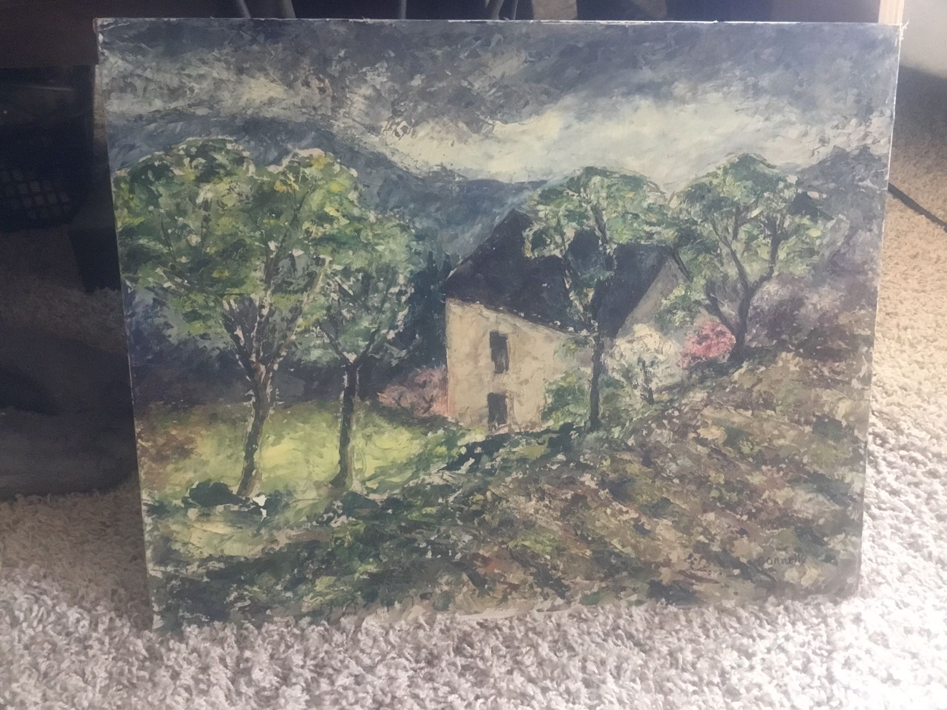 Antique Oil on Board 'cabin in the woods' Rosemary Connelly
