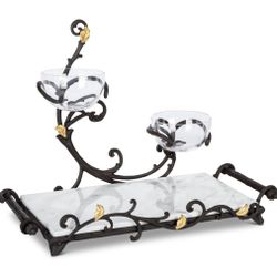 Metal Gold Lead With Marble Serving Board And 2 Glass Bowls.