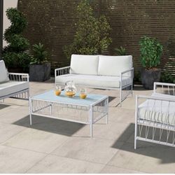 5 PC. WICKER SOFA SET     |     LA-A025WH-4PK ContemporaryWhiteMetal, FabricWelt TrimRemovable CushionWater and UV Resistant