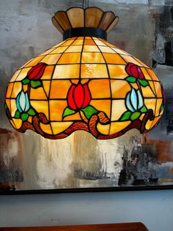 Vintage Tiffany Style Swag Lamp Acrylic Stained Glass Hanging Pendant Light 18 Inch Crown Dome Rose