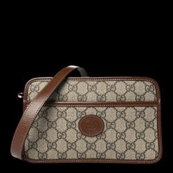 Unisex GG Supreme Monogram Azalea Calfskin Mini Retro Interlocking G Shoulder Bag Beige Ebony Brown