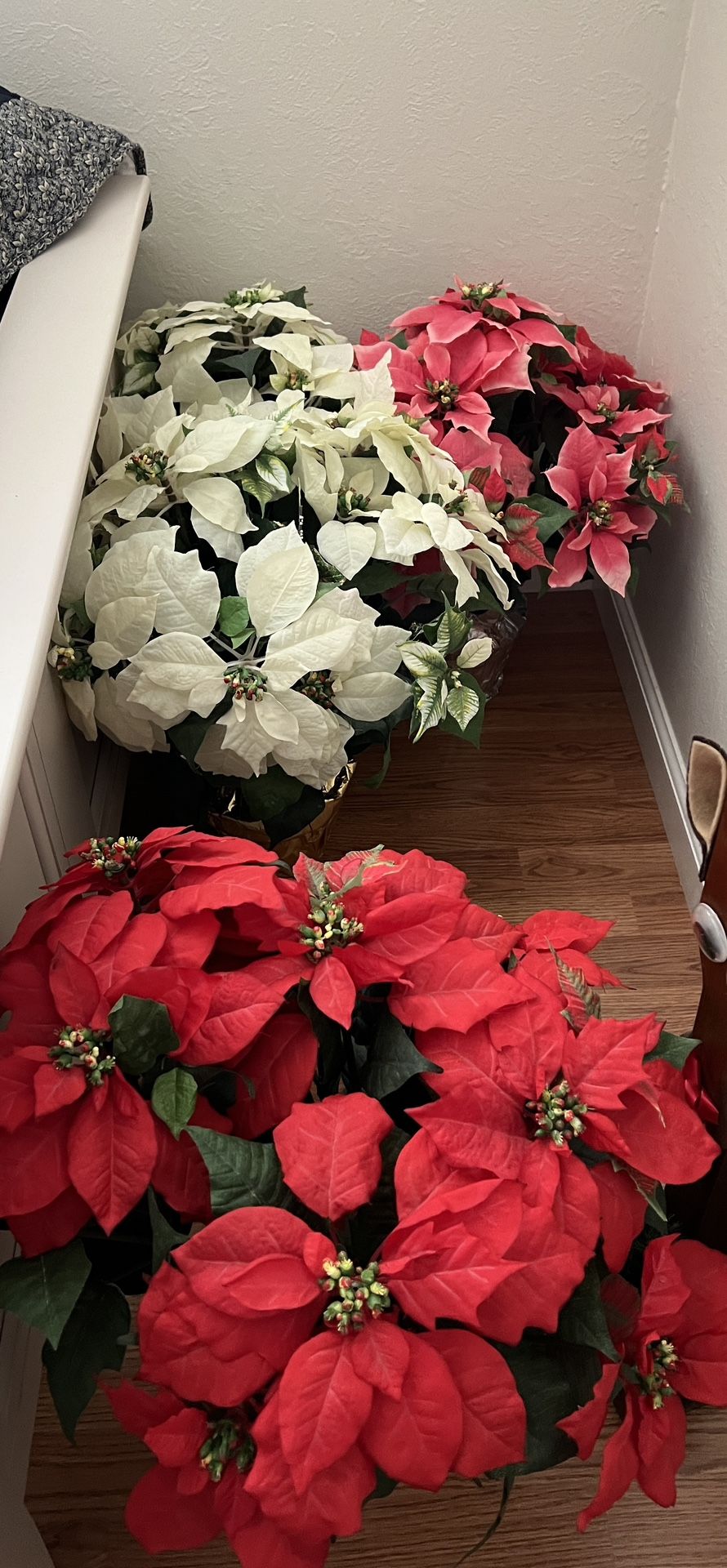 POINSETTIA SILK FLOWER POTS, GOLD AND SILVER ONLY-MANY AVAILABLE, EACH - 