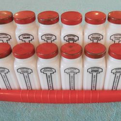 Vintage Griffith’s Milk-Glass Spice Jars with Bakelite Rack