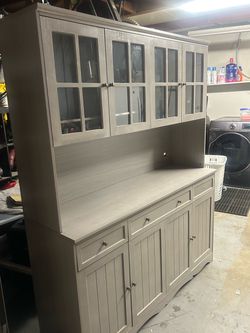 Gray Wood Buffet Hutch with Glass Doors
