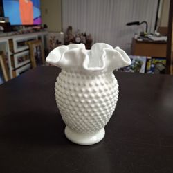 Vintage Mid 20th Century Fenton White Hobnail Milk Glass Vase With Ruffled Crimped Edges 6" Tall 