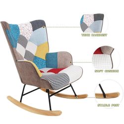 Patchwork Linen Rocking Chair with Ottoman for Living Room or Bedroom