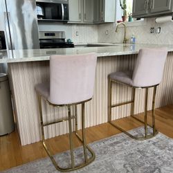 (2) Pink & Gold Velvet Bar Stools