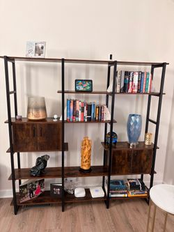 Industrial 3-Section Bookshelf with Cabinet Storage — Dark Walnut & Black Metal Frame