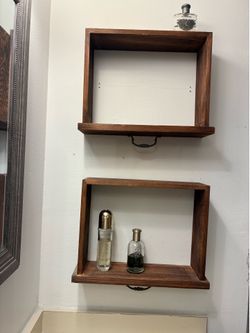 Set of 2 Dark Wood Shadow Box Wall Shelves - Vintage Style