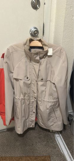 London fog waterproof Beige Utility Jacket with Plaid Collar Lining