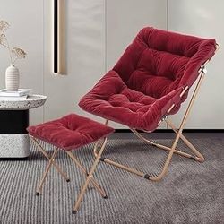 Square Folding Faux Fur Saucer Chair for Bedroom Living Room Foldable Metal Frame Oversized Large Comfy Furry Padded Soft Cozy Moon Chair with Footres