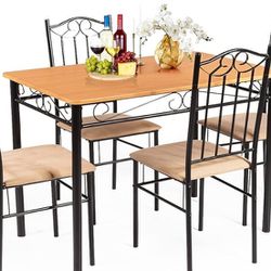  Table Set for 4, 4 Padded Chairs w/Metal Frame Wood Tabletop for Home Kitchen Dining Room