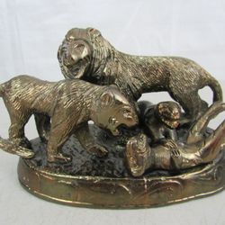 African Lion Family Cast Metal Gold Tone Mid Century Sculpture


