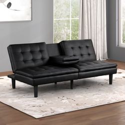 Futon Sofa Bed Black Faux Leather, New Especial Price 