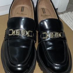 Sz 8 M Sam Edelman COLIN Leather Loafer Shoe Slip On Black Chunky Heel EUC