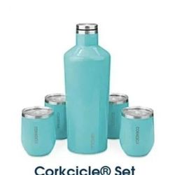 Corkcicle 60 oz Canteen and Stemless Wine Glass Set Turquoise New