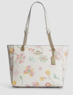 Coach Floral Print Leather Tote Bag in White
