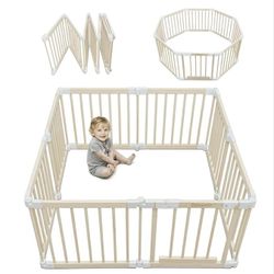 New In Box Foldable Wooden Playpen for Babies and Toddlers, Baby Play Pen with Gate, Portable Baby Fence Indoor Activity Center, Adjustable Size & Sha