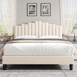 Queen Size Piano Style Bed Frame Upholstered Platform Bed With Headboard,Adjustable Bed Frame With Strong Wooden Slats Mattress Foundation