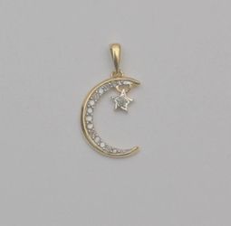10K Yellow Gold Diamond Crescent Moon & Star Pendant Celestial 15 x 10.2mm