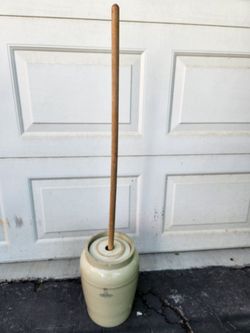 Vintage Pacific Butter Churn w/Lid & Wood Dasher Stoneware Pottery Crock Farmhouse Ranch Cattle Antique