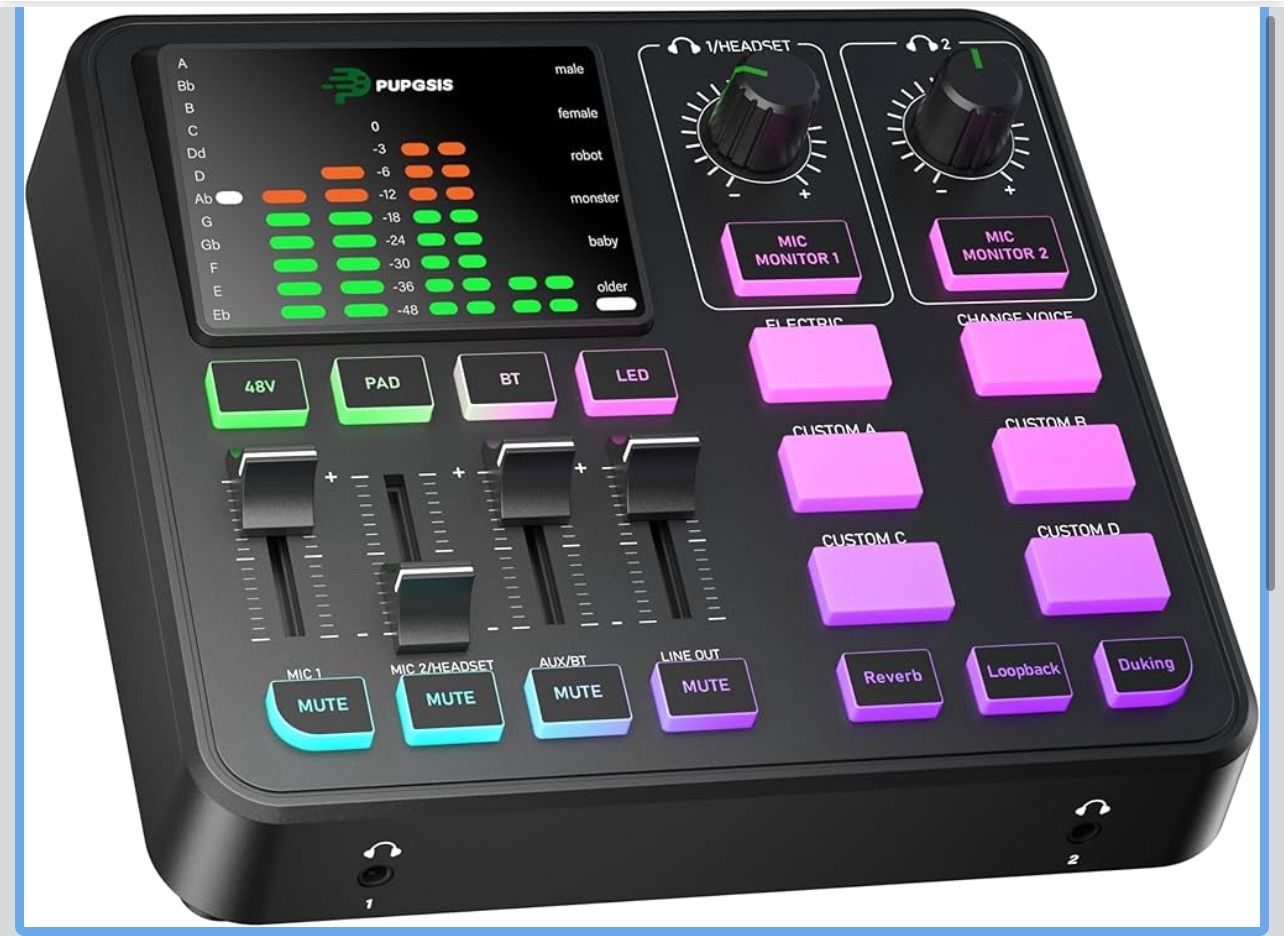 Gaming Audio Mixer, Audio Interface for PC/Podcast/Streaming, Sound Board with 3.5mm/XLR Mic Input, 48V Phantom Power, Voice Changer, Live Sound Card 