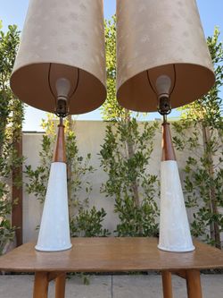 Extremely Elegant Mid Century Teak And Alabaster Lamps